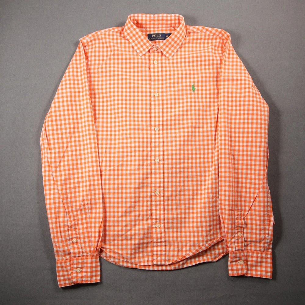 Youth Polo Ralph Lauren Gingham Plaid Long Vacation Costal Orange Shirt XL
